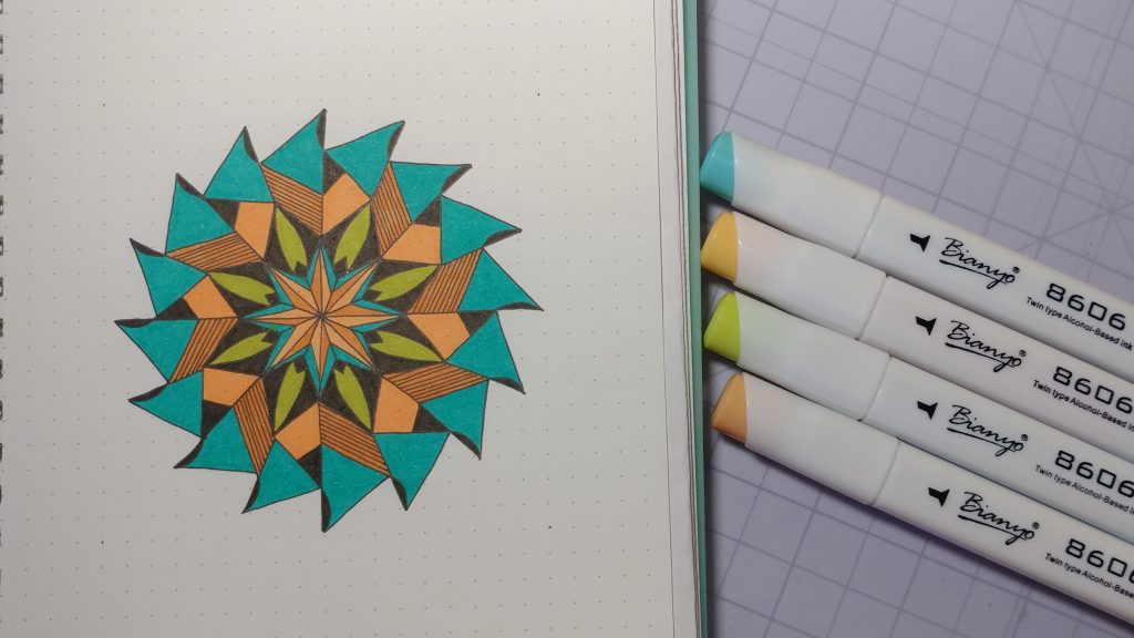 One Zentangle a Day #34 Zentangle Zendala tile design with 4 brightly colored alcohol markers