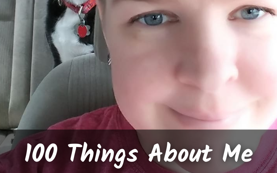 Close up of Emily in a car with text overlay 100 things about me.