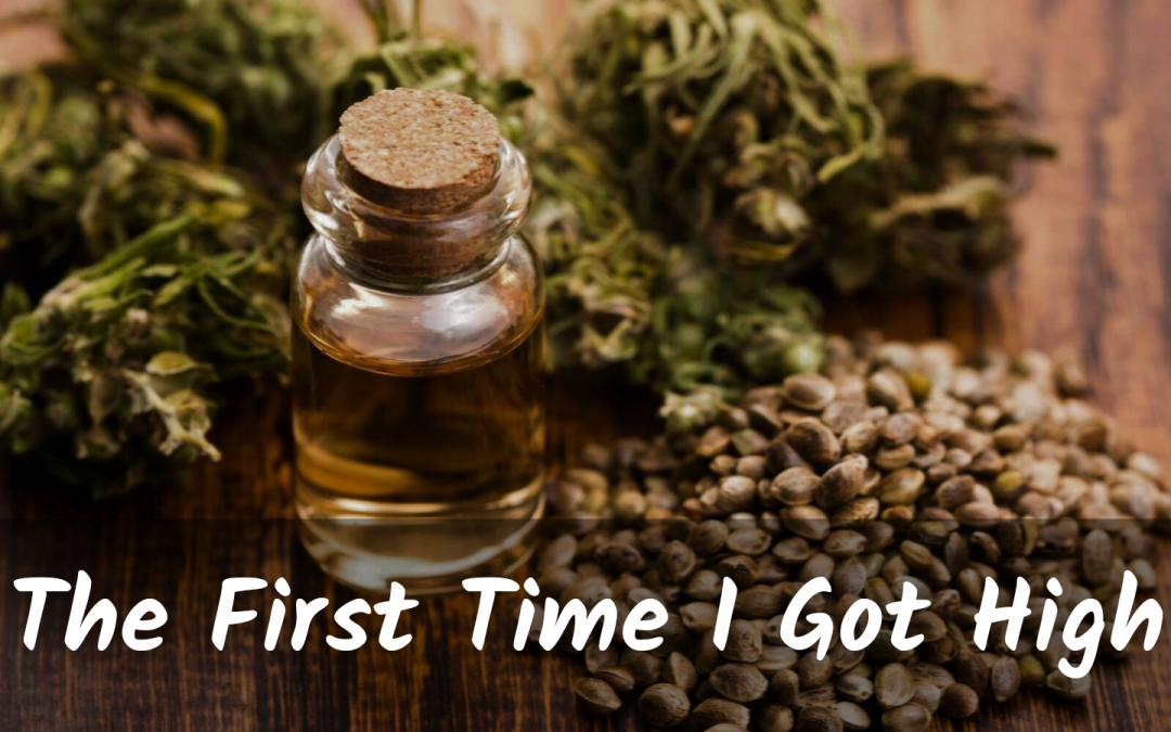 Hemp seeds and medical marijuana on a wooden table top. Text overlay: the first time I got high